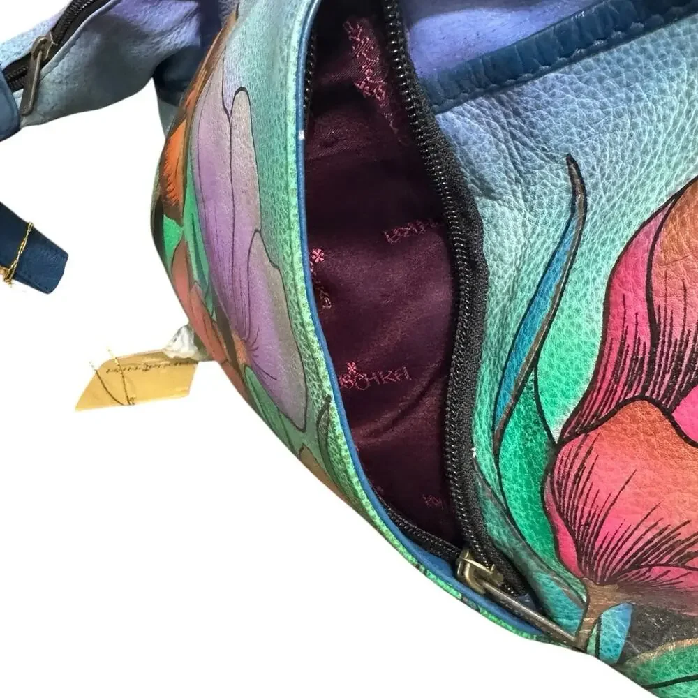 NWT! Anuschka Hand Painted Tulips Leather Hobo Handbag with Card Wallet